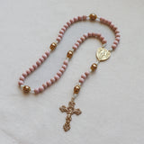 Miraculous Medal Pink and Gold Wood Rosary