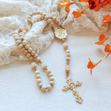 Madonna and Child Cream Wood and Gold Rosary