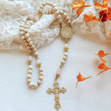 Madonna and Child Cream Wood and Gold Rosary