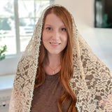 Cream Lace with White and Green Floral Trim Shawl Wrap Veil
