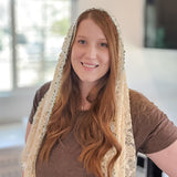 Cream Lace with White and Green Floral Trim Shawl Wrap Veil