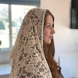 Cream Lace with White and Green Floral Trim Shawl Wrap Veil