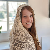 Cream Lace with White and Green Floral Trim Shawl Wrap Veil