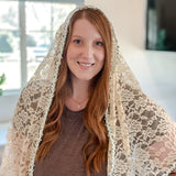 Cream Lace with White and Green Floral Trim Shawl Wrap Veil
