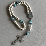 Miraculous Medal White and Aqua Rosary