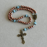 Miraculous Medal Rosewood and Aqua Rosary