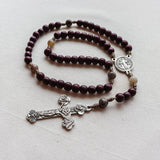 Saint Benedict Burgundy Wood and Bamboo Leaf Agate Rosary