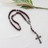 Saint Benedict Burgundy Wood and Bamboo Leaf Agate Rosary