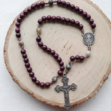 Saint Benedict Burgundy Wood and Bamboo Leaf Agate Rosary