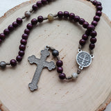 Saint Benedict Burgundy Wood and Bamboo Leaf Agate Rosary