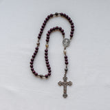 Saint Benedict Burgundy Wood and Bamboo Leaf Agate Rosary