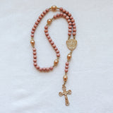 Miraculous Medal Orange Wood and Gold Rosary