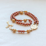 Miraculous Medal Orange Wood and Gold Rosary