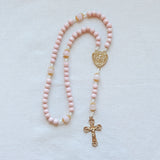 Miraculous Medal Pink and Gold Wood Rosary