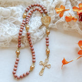 Miraculous Medal Orange Wood and Gold Rosary
