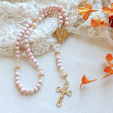 Miraculous Medal Pink and Gold Wood Rosary