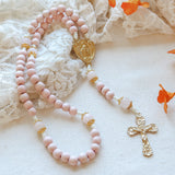 Miraculous Medal Pink and Gold Wood Rosary