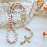 Madonna and Child Rosary Pink Wood and Gold