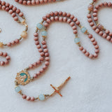 Madonna and Child Aqua Quartz and Orangewood Rosary