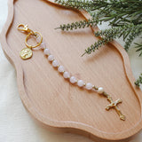 Decade Rosary Keychain with Rose Quartz and Freshwater Pearl