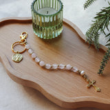 Decade Rosary Keychain with Rose Quartz and Freshwater Pearl