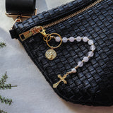 Decade Rosary Keychain with Rose Quartz and Freshwater Pearl