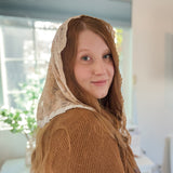 Peach Lace with White Floral Trim Triangle Chapel Veil