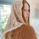 Peach Lace with White Floral Trim Triangle Chapel Veil