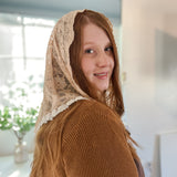 Peach Lace with White Floral Trim Triangle Chapel Veil