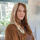 Peach Lace with White and Green Floral Trim Triangle Chapel Veil