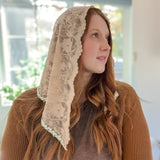 Peach Lace with White and Green Floral Trim Triangle Chapel Veil