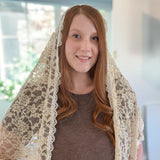 Cream Lace with White Floral Trim Shawl Wrap Veil
