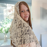 Cream Lace with White Floral Trim Shawl Wrap Veil