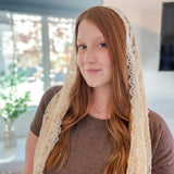 Cream Lace with White Floral Trim Shawl Wrap Veil
