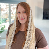 Cream Lace with White Floral Trim Shawl Wrap Veil