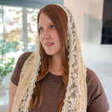 Cream Lace with White Floral Trim Shawl Wrap Veil