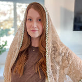 Peach Lace with White and Green Floral Trim Shawl Wrap Veil