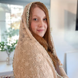 Peach Lace with White and Green Floral Trim Shawl Wrap Veil