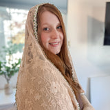 Peach Lace with White and Green Floral Trim Shawl Wrap Veil