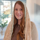 Peach Lace with White and Green Floral Trim Shawl Wrap Veil