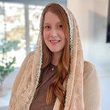 Peach Lace with White and Green Floral Trim Shawl Wrap Veil