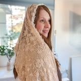 Peach Lace with White Floral Trim Shawl Wrap Veil
