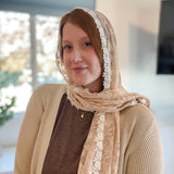 Peach Lace with White Floral Trim Shawl Wrap Veil