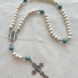 Our Lady of Guadalupe White and Blue Wood Rosary