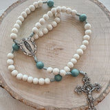 Our Lady of Guadalupe White and Blue Wood Rosary
